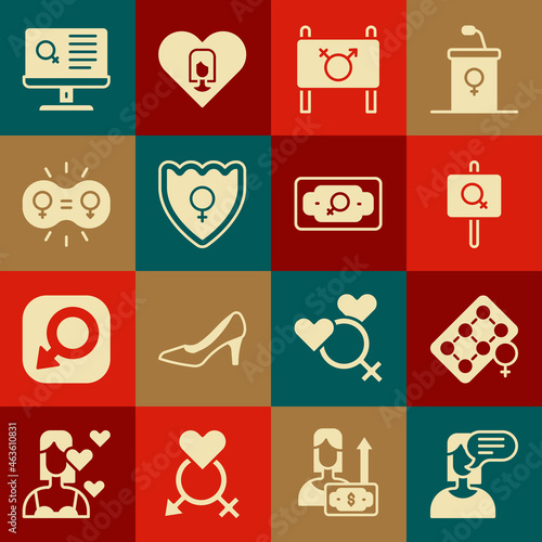 Set Female opinion, Packaging of birth control pills, Feminist activist, Gender shield,, equality, Dating app and Money growth woman icon. Vector