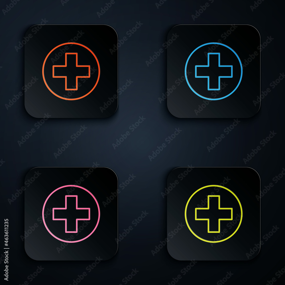 Obraz premium Color neon line Cross hospital medical icon isolated on black background. First aid. Diagnostics symbol. Medicine and pharmacy sign. Set icons in square buttons. Vector Illustration