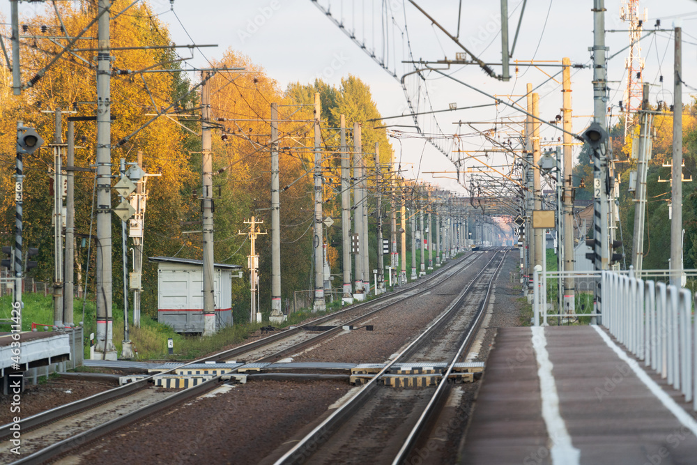 Empty train station platform with railway tracks at sunset, autumn forest on background. Perspective of electrified high-speed railroad. Transportation concept. 