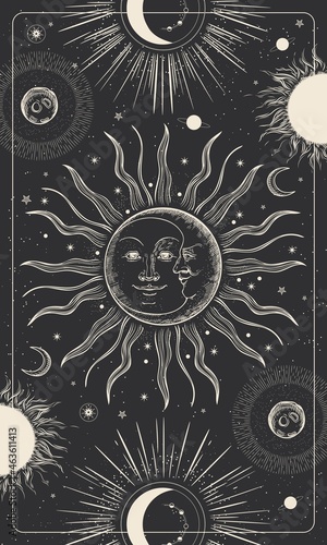 Magic drawing with the face of the sun and moon. Tarot card, astrological illustration.