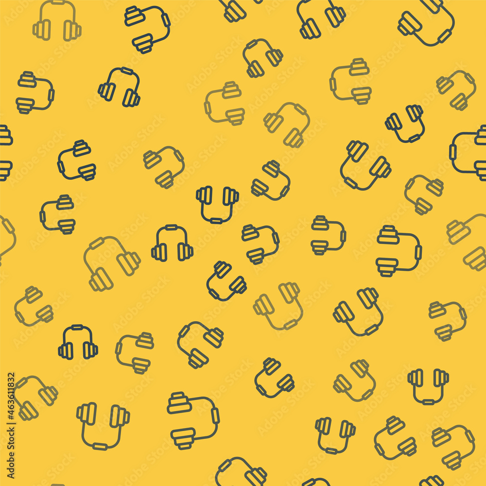 Blue line Headphones icon isolated seamless pattern on yellow background. Earphones. Concept for listening to music, service, communication and operator. Vector Blue line Headphones icon isolated seamless pattern on yellow background. Earphones. Concept for listening to music, service, communication and operator. Vector
