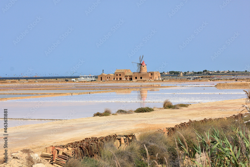 Landscape over the Marsala salt marshes and wind mills