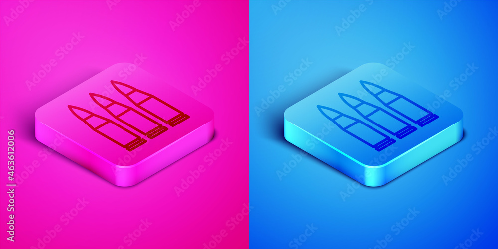 Isometric line Bullet icon isolated on pink and blue background. Square button. Vector Isometric line Bullet icon isolated on pink and blue background. Square button. Vector