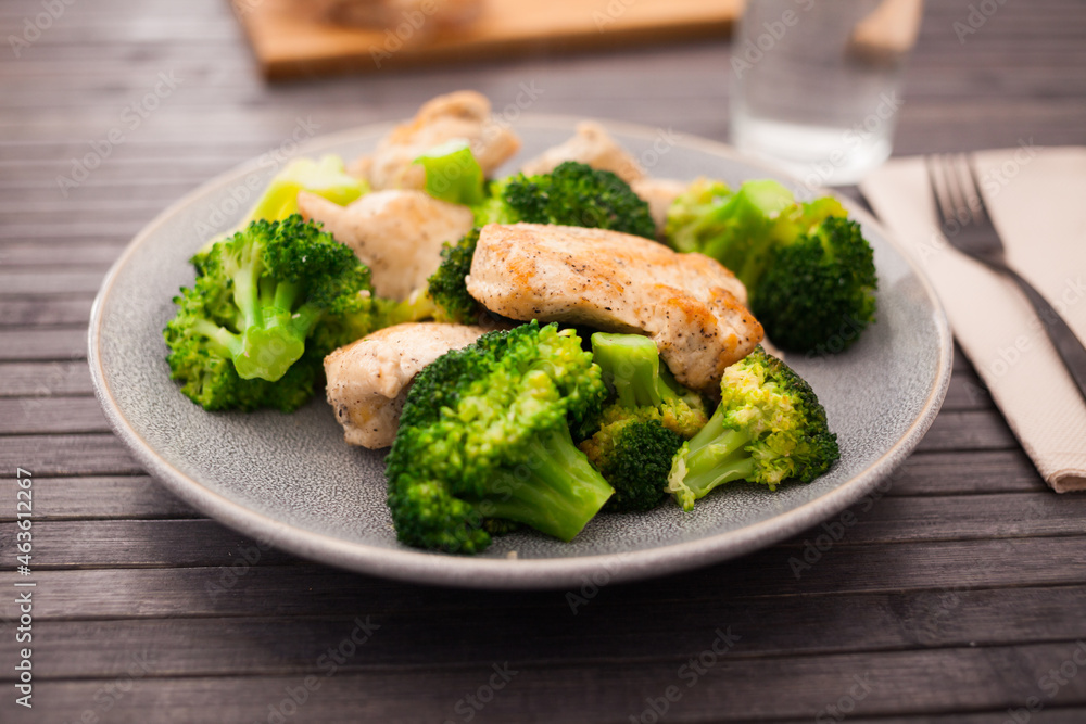 healthy appetizer of chicken pieces with broccoli in bowl for healthy breakfast healthy appetizer of chicken pieces with broccoli in bowl for healthy breakfast
