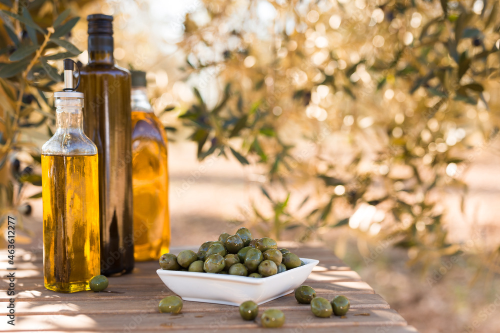 green olives and oil on table in olive grove green olives and oil on table in olive grove