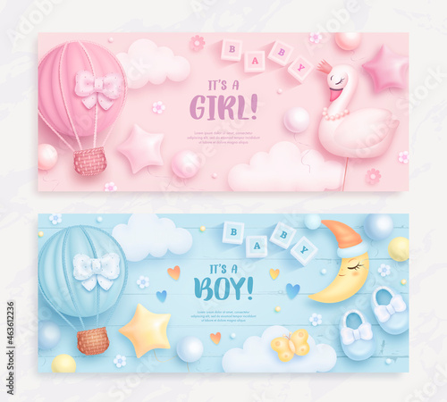 Set of baby shower invitation with cartoon swan, hot air balloon and moon on blue and pink background. It's a boy. It's a girl. Vector illustration