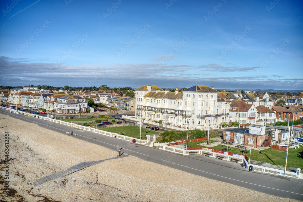 Aerial view along Marine Drive and promenade at the popular seaside resort of Bognor Regis on the South Coast of England.