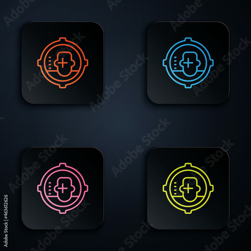 Color neon line Headshot icon isolated on black background. Sniper and marksman is shooting on the head of man, lethal attack, assault and assassination. Set icons in square buttons. Vector