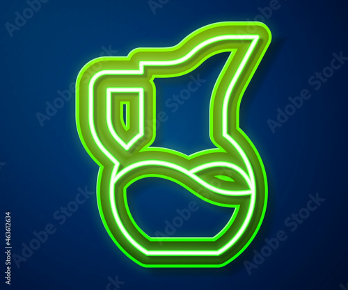 Glowing neon line Milk jug or pitcher icon isolated on blue background. Vector