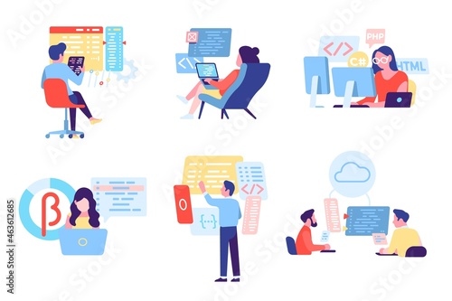 People programming software. Cartoon developers work with websites or apps. Coding process. Professional IT engineers. Computer technology job. Web development. Vector programmers set