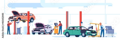 Car repair shop. Automotive workshop. Mechanics fix automobiles. Technical maintenance service. Auto technicians lifting vehicle for diagnostic or parts replacement. Vector concept