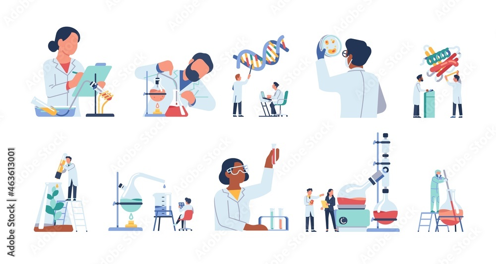 Scientists characters. Researchers people work in lab. Isolated doctors exploring virus and DNA. Chemists experimenting with test tubes in laboratory. Vector scientific discoveries set