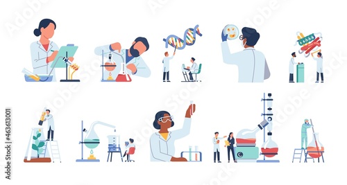 Scientists characters. Researchers people work in lab. Isolated doctors exploring virus and DNA. Chemists experimenting with test tubes in laboratory. Vector scientific discoveries set