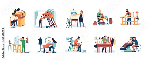 People crafts. Men and women artisans. Creative hobbies and professions. Handicraft workers. Sculptors and jewelers. Isolated tattoo artist and tailor in studio. Vector craftsmen set photo