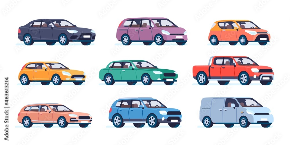 Passenger cars. Color city vehicles. Modern transport. Urban popular autos. Sport utility roadsters. Sedan and wagon. Pickup and hatchback driving. Vector town traffic elements set - obrazy, fototapety, plakaty 