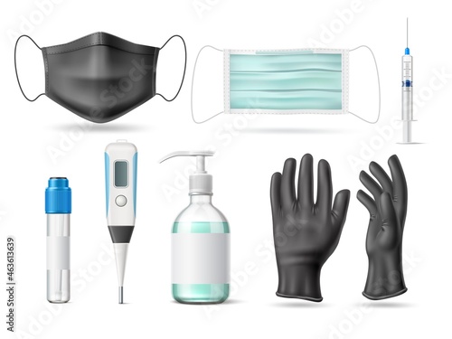 Realistic virus protective. Health cares medicine tools. Antibacterial agents. Disease diagnosis test. Vaccine syringe. Masks and gloves. Sanitizer bottle. Vector medical equipment set