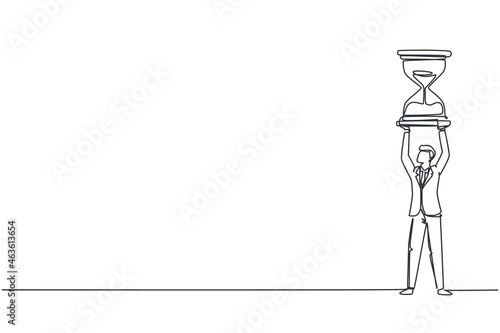 Single one line drawing happy businessman hold hourglass over his head. Business time management. Success, champion, victory, sandglass. Modern continuous line draw design graphic vector illustration