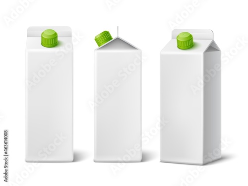Realistic milk box. Aseptic lactic packs. White cardboard packaging mockup for branding. Juices and beverage containers from different view angles. Vector liquid products package set