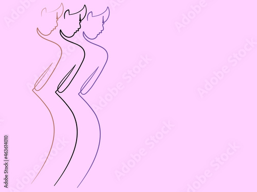 Line art black, orange, blue, female figure standing with her back on a pink background.