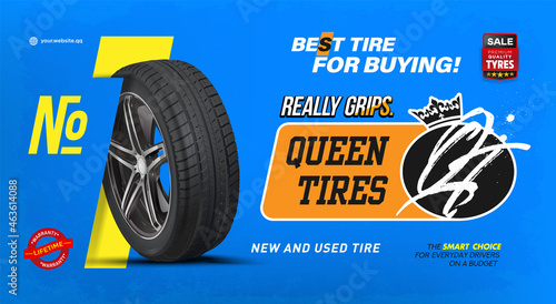 Car tire number one. Advertising banner, outdoor advertising, printing. Wheel tread. Replacing tires, summer winter. Landscape poster, digital banner, flyer, booklet, brochure and web design.