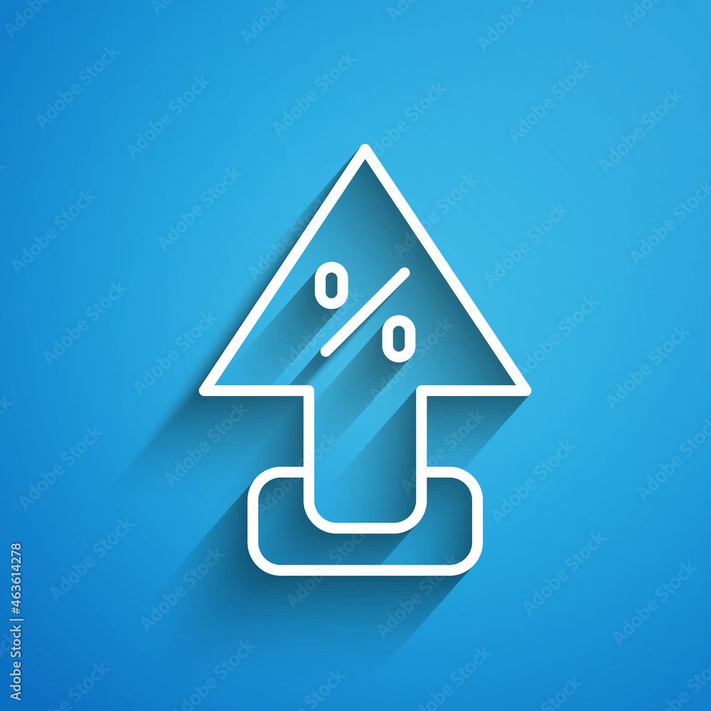 White line Percent up arrow icon isolated on blue background. Increasing percentage sign. Long shadow. Vector White line Percent up arrow icon isolated on blue background. Increasing percentage sign. Long shadow. Vector