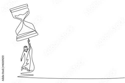 Single one line drawing Arab businessman flying with hourglass balloon. Business time management. Success, champion, victory, sandglass. Modern continuous line draw design graphic vector illustration