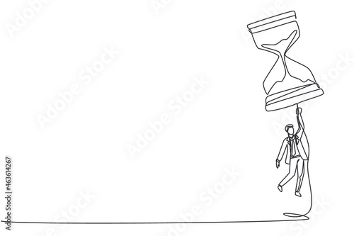 Continuous one line drawing successful businessman flying with hourglass balloon. Business time management. Success, champion, victory, sandglass. Single line draw design vector graphic illustration