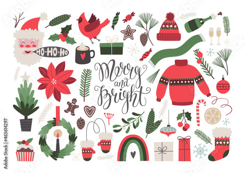Christmas vector clipart set. Merry and bright lettering, Christmas greeting card template. Holiday illustration.