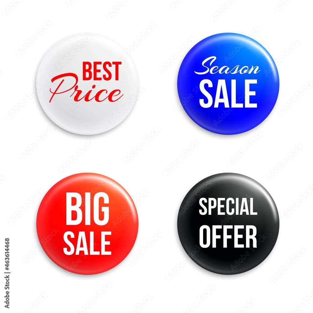Pin badges with discounts info. Round realistic buttons. 3D price tags. Isolated super sale promo brooches. Best price and special offer mockups. Vector shopping promotion icons set Pin badges with discounts info. Round realistic buttons. 3D price tags. Isolated super sale promo brooches. Best price and special offer mockups. Vector shopping promotion icons set