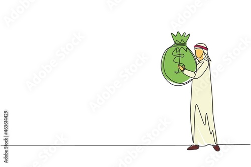 Continuous one line drawing Arabian businessman holding large bag full of money. Smiling man walking and carrying big heavy sack full of cash money. Single line draw design vector graphic illustration
