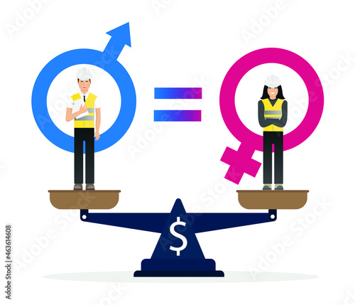
Businessman and businesswoman standing on balance scales representing salary level. Concept of gender inequality and salary inequality. Sexism and discrimination. editable vector.