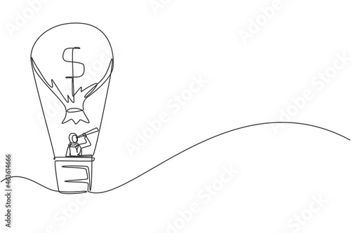 Single one line drawing Arabic businesswoman in hot air balloon looking with telescope. Business, leadership concept. Financial success to achieve goal. Continuous line draw design vector illustration