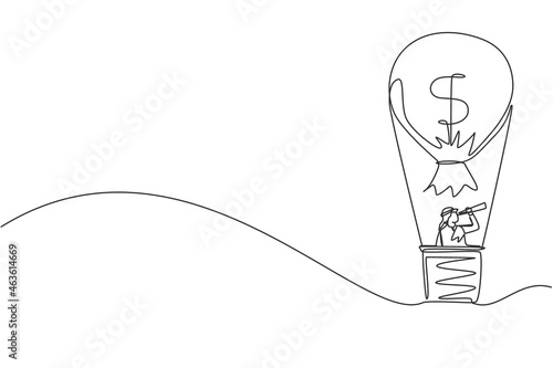 Single continuous line drawing Arab businessman in hot air balloon looking with telescope. Business and leadership concept. Financial success to achieve goal. One line draw design vector illustration