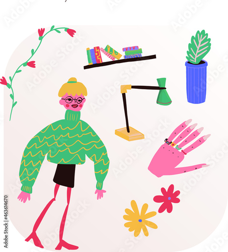 Vector Cocky clip art with cocky blonde girl with some of their stuff like flowers, glasses, ring, lamp and books 