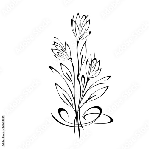 ornament 2019. bouquet of three stylized flowers on long stems with leaves and curls in black lines on a white background