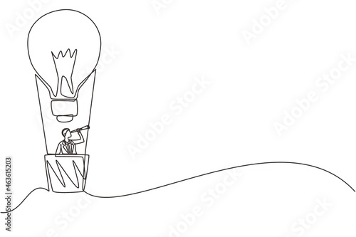 Continuous one line drawing businessman watching through telescope in hot air balloon-light bulb in the sky. Man in lightbulb balloon search to success. Business idea. Single line draw design vector