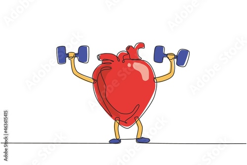 Single one line drawing cute happy healthy smiling heart organ doing exercises with dumbbells weights. Heart face, fitness exercise, sport, lifting concept. Modern continuous line draw design vector