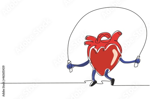 Single one line drawing cute funny heart organ make gym with jump rope. Heart organ workout, sport, fitness character concept. education theme. Continuous line draw design graphic vector illustration