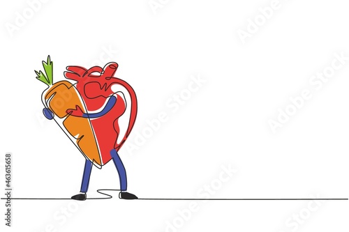 Single continuous line drawing healthy and fit heart organ holding big carrot healthy food. Health of cardiovascular system. Power and strength of heart organ. One line draw design vector illustration