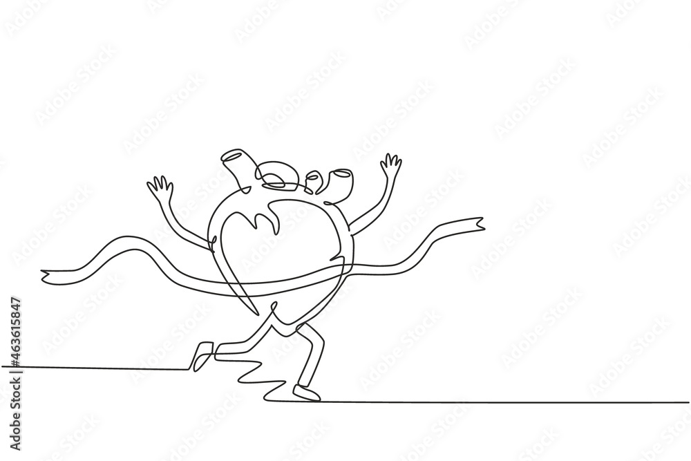 Single continuous line drawing cute heart organ marathon run through the finish line to win. Heart organ workout, sport, fitness, cardio run, stamina concept. One line draw design vector illustration