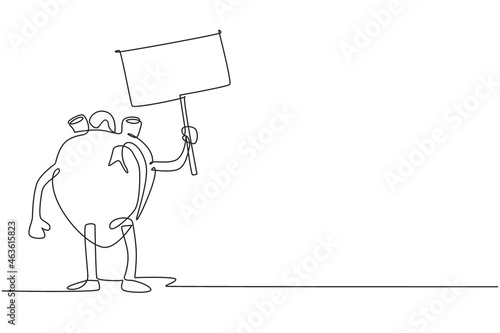 Continuous one line drawing cartoon anatomical human heart organ mascot holding placard with blank board. Health of cardiovascular system need attention. Single line design vector graphic illustration
