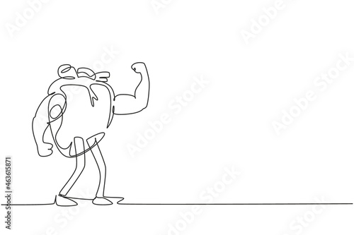 Single continuous line drawing healthy and fit heart with strong muscles, biceps, bodybuilder. Health of cardiovascular system. Power and strength of heart organ. One line draw graphic design vector
