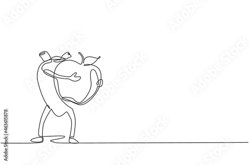 Continuous one line drawing healthy and fit heart organ holding big apple healthy food. Health of cardiovascular system. Power and strength of heart organ. Single line draw design vector illustration