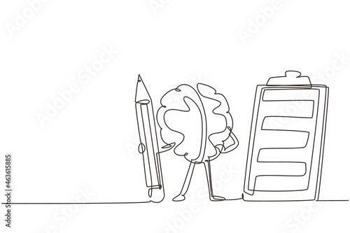 Continuous one line drawing brainy student human brain cartoon character with pencil, clipboard, checklist. Business success completed plan concept. Single line draw design vector graphic illustration