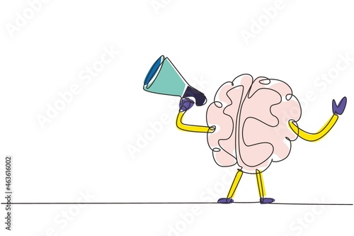 Single one line drawing brain with loudhailer or megaphone. Concept clever advice from character brain. Mascot brain infographic icon. Modern continuous line draw design graphic vector illustration
