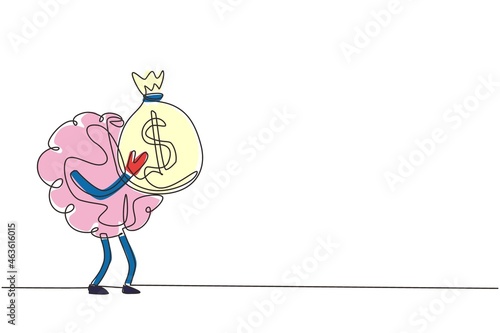 Single continuous line drawing rich human brain cartoon design holds money bags. Cute brain mascot illustration holding bag full of money. Dynamic one line draw graphic design vector illustration