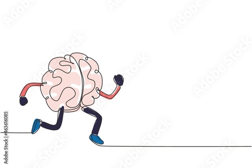 Single continuous line drawing brain running with shoes cartoon isolated. Train your brain. Creative concept. Flat design of brain for sport win. One line draw graphic design vector illustration