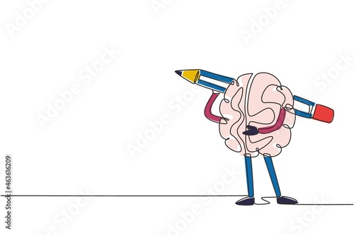 Continuous one line drawing brainy student human brain character with carrying pencil on shoulder. Storytelling logo, writer icon. Training of writing skills concept. Single line draw design vector