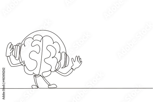 Continuous one line drawing cute joyful human brain organ character listening music in headphones. Music lover cartoon brain concept. Doodle style. Single line draw design vector graphic illustration
