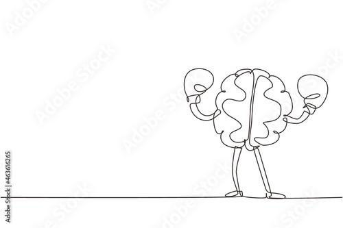 Continuous one line drawing brain with boxing gloves celebrating victory. Concept of proving and defending your position, power mind, memory. Single line draw design vector graphic illustration